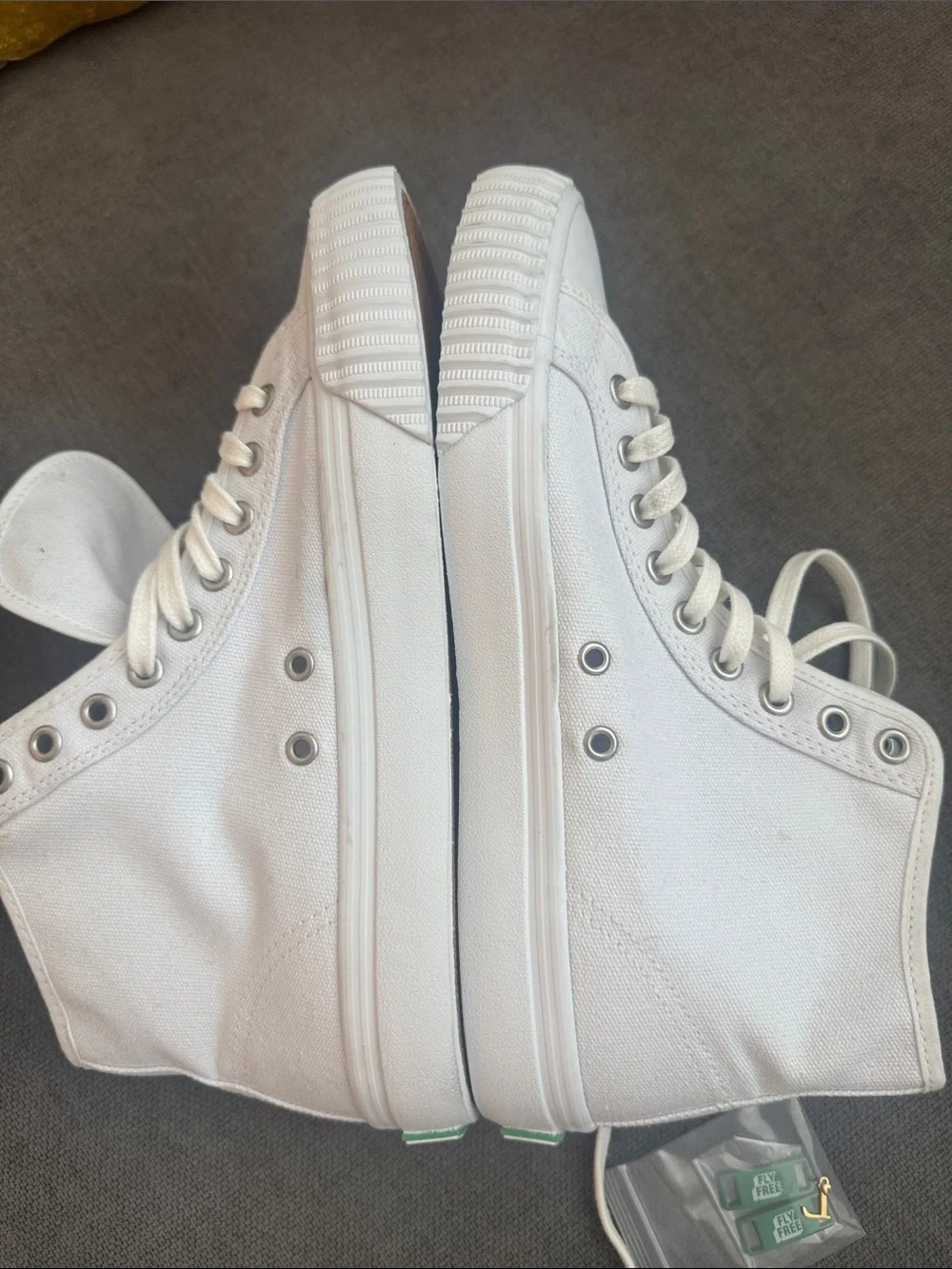 P.F. Flyers White High-Top Canvas Sneakers with Green Laces